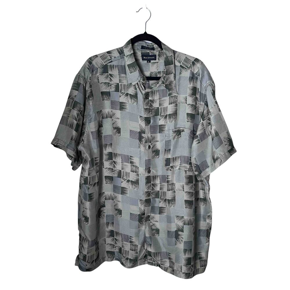 Vintage 80's Mens Marc Edwards Front Front Shirt Gray Abstract Print Silk Sze XL